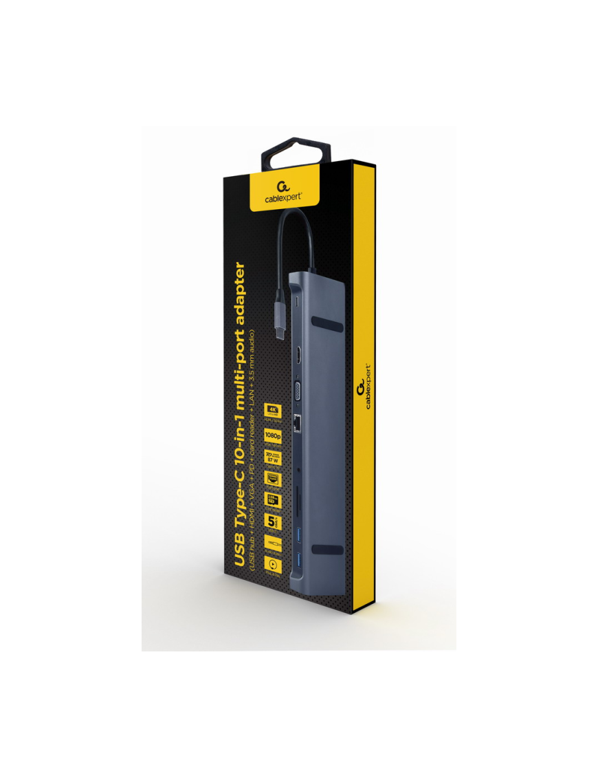 Gembird A-CM-COMBO10-01 base para portátil y replicador de puertos Alámbrico USB 3.2 Gen 1 (3.1 Gen 1) Type-C Gris