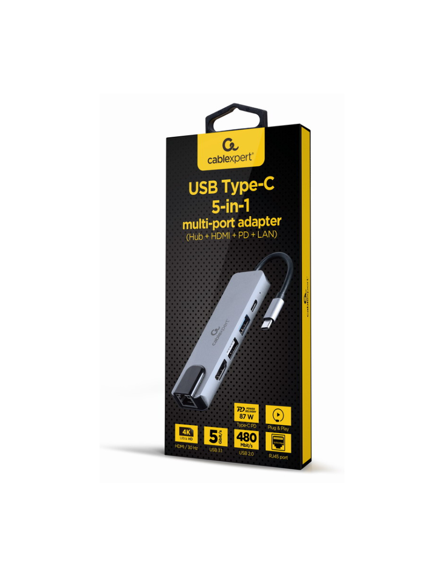 Gembird A-CM-COMBO5-04 base para portátil y replicador de puertos Alámbrico USB 3.2 Gen 1 (3.1 Gen 1) Type-C Plata
