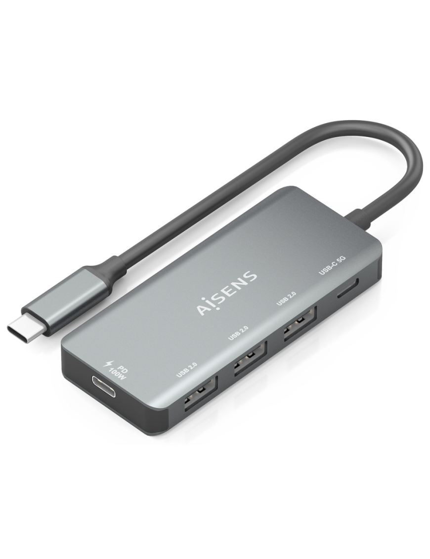 AISENS Hub USB 3.1 USB-C, USB-C/M-1xUSB-C PD 100W+1xUSB-C USB3.0/H+3xUSB-A USB2.0/H, Gris, 15cm