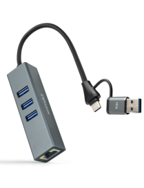 Nanocable Conversor USB-C+USB-A/M 3.0 a Ethernet + 3xUSB-A 3.0, Aluminio, Gris, 15 cm