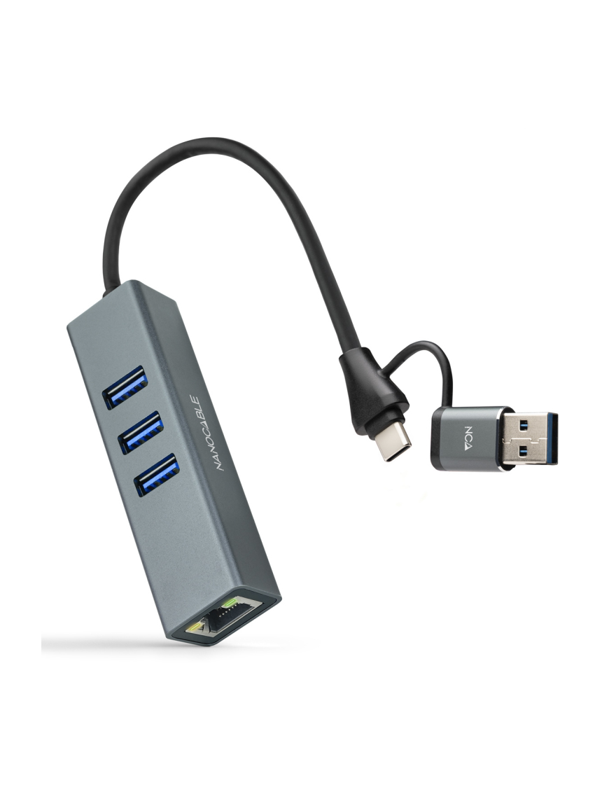 Nanocable Conversor USB-C+USB-A/M 3.0 a Ethernet + 3xUSB-A 3.0, Aluminio, Gris, 15 cm