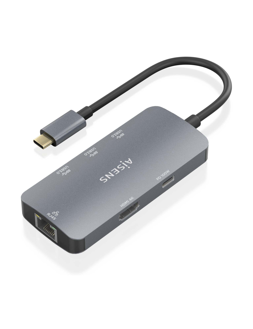 AISENS USB-C Dock 6 En 1, USB-C a 1xHDMI, 1xRJ45, 3xUSB-A, 1xUSB-C PD, Gris, 15cm