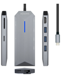 AISENS USB-C dock 8 en 1, USB-C a 1xHDMI, 1xRJ45, 3xUSB, 1xPD, 1xSD, 1xMicroSD, Gris, 15 cm