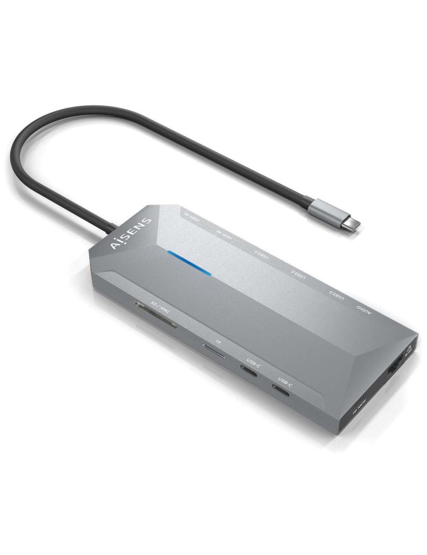 AISENS USB-C Dock 12 En 1, USB-C A 2xHDMI, 1xRJ45, 3xUSB-A, 2xUSB-C, 1xUSB-C PD, 1xAudio, 1xSD, 1xMicro SD, Gris, 30cm