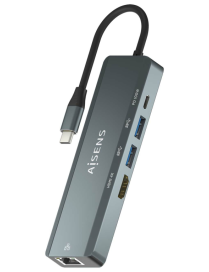 AISENS USB-C Dock 5 en 1, USB-C a 1xHDMI, 1xRJ45, 2xUSB, 1xPD, Gris, 15 cm