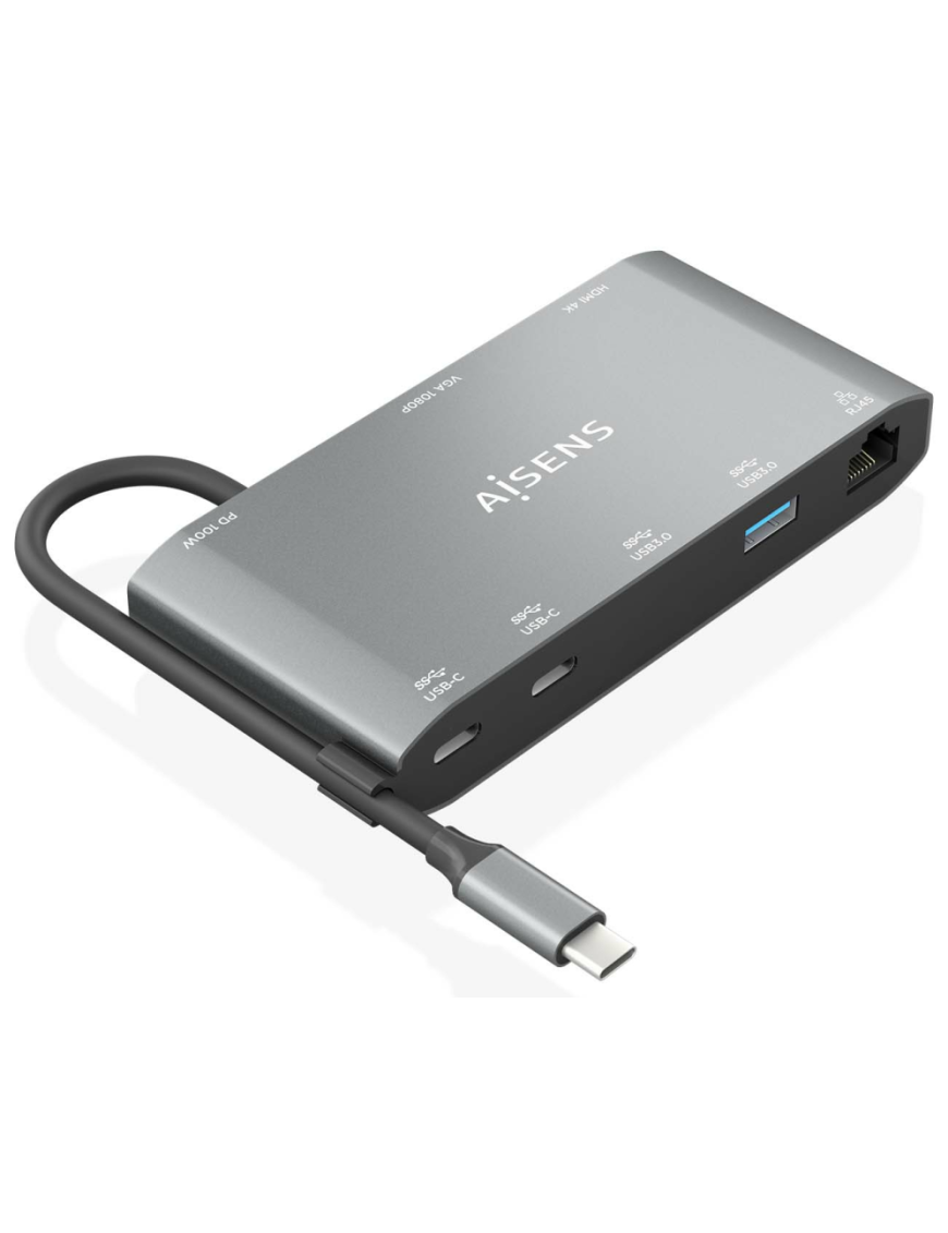 AISENS USB-C Dock 8 en 1, USB-C a 1xHDMI, 1xVGA, 1xRJ45, 2xUSB-A, 2xUSB-C 5G, 1xUSB-C PD, Gris, 20 cm