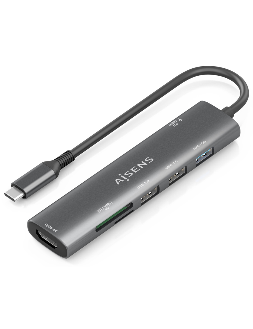 AISENS USB-C Dock 7 en 1, USB-C A, 1x HDMI, 2x USB-A USB2.0, 1x USB-A USB3.0, 1x USB-C PD 100W, 1x SD, 1x MicroSD, Gris, 15cm