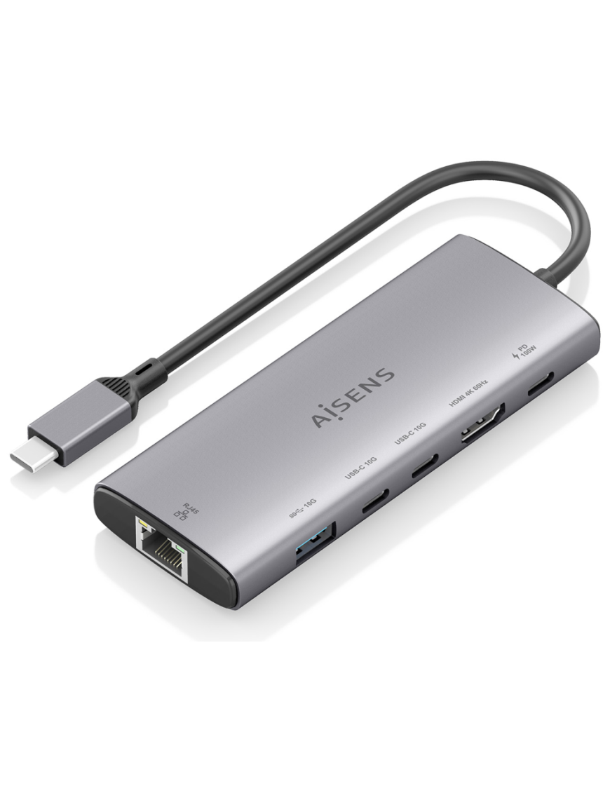 AISENS USB-C Dock 6 en 1, USB-C a 1xHDMI, 1xRJ45, 1xUSB-A 10G, 2xUSB-C 10G, 1xUSB-C PD, Gris, 20cm
