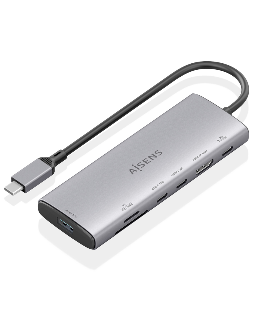 AISENS USB-C Dock 7 en 1, USB-C a 1xHDMI, 1xUSB-A 10G, 2xUSB-C 10G, 1xSD, 1xMicroSD, 1xUSB-C PD 100W, Gris, 20cm
