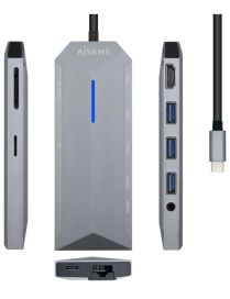 AISENS USB-C Dock 9 en 1, USB-C a 1x HDMI, 1xRJ45, 3x USB, 1x PD, 1x Audio, 1x SD, 1x Micro SD, Gris, 15 cm