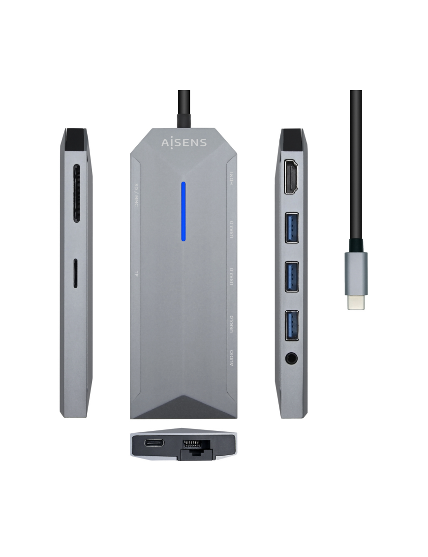 AISENS USB-C Dock 9 en 1, USB-C a 1x HDMI, 1xRJ45, 3x USB, 1x PD, 1x Audio, 1x SD, 1x Micro SD, Gris, 15 cm