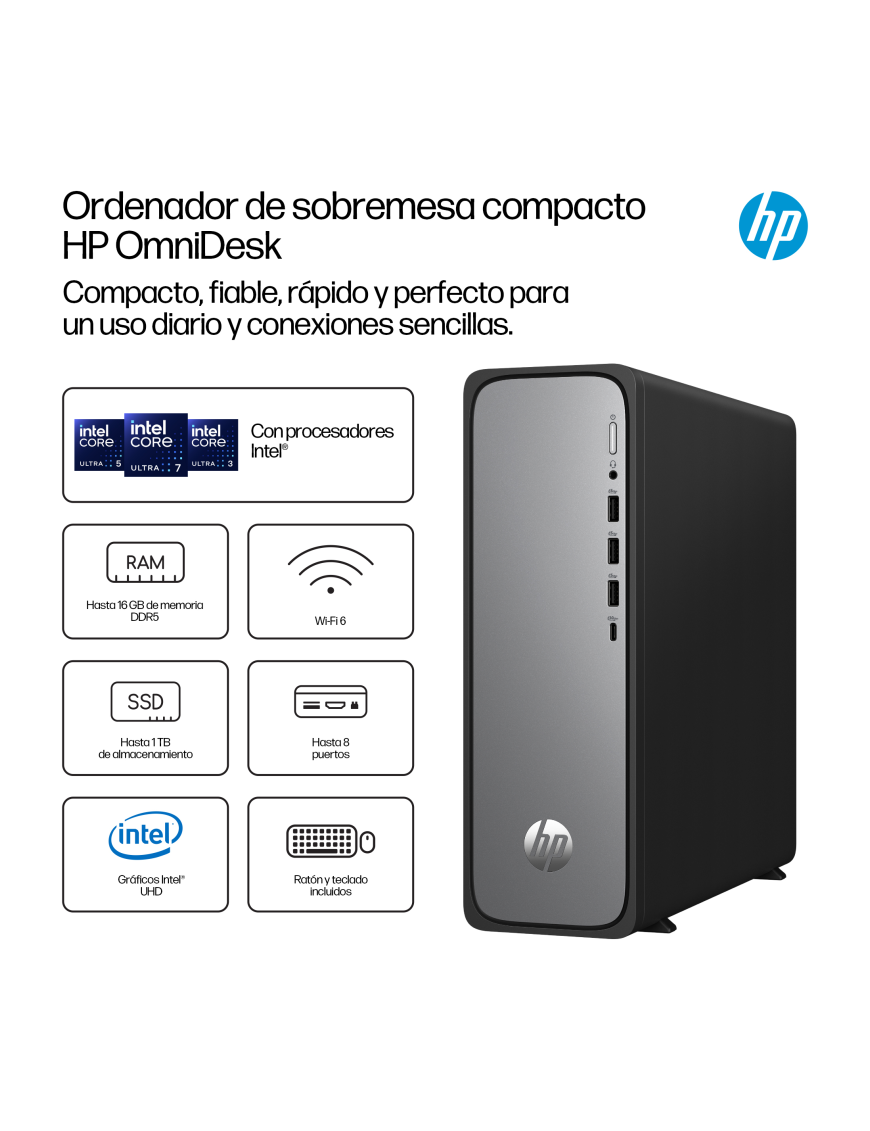 HP OmniDesk Slim Desktop S03-0020ns PC Intel® Core™ i3 i3-14100 8 GB DDR5-SDRAM 512 GB SSD FreeDOS Torre Plata
