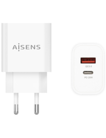 AISENS Cargador 20W, 1xUSB-C PD3.0, 1xUSB-A QC3.0, Blanco