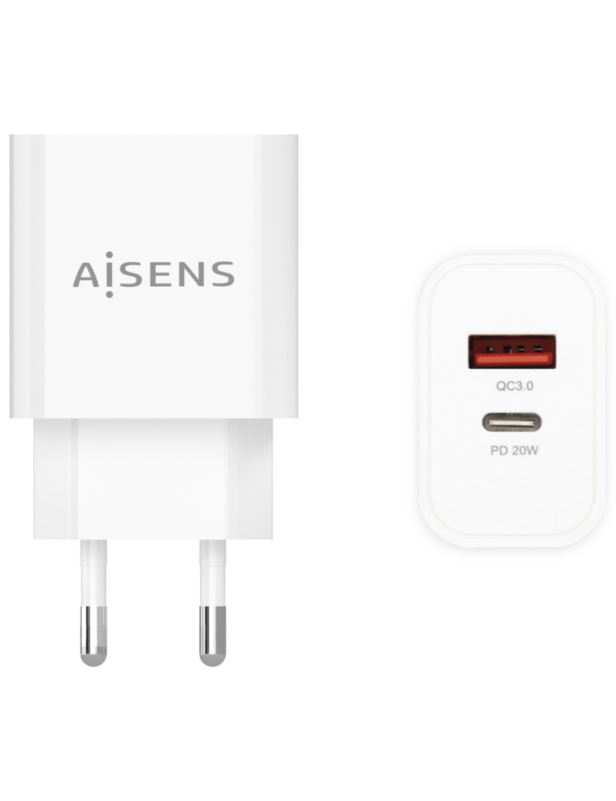 AISENS Cargador 20W, 1xUSB-C PD3.0, 1xUSB-A QC3.0, Blanco