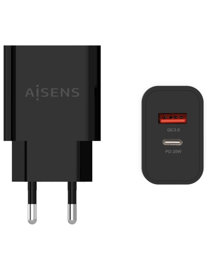 AISENS Cargador 20W, 1xUSB-C PD3.0, 1xUSB-A QC3.0, Negro