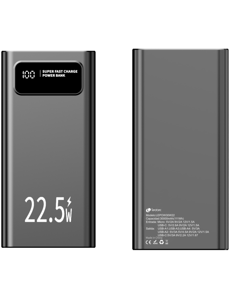 Leotec LEPOW30W22K batería externa Polímero de litio 30000 mAh Negro