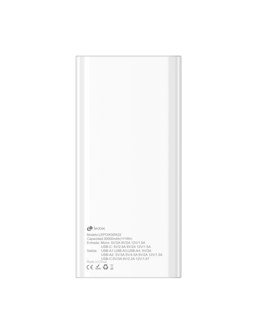 Leotec LEPOW30W22W batería externa Polímero de litio 30000 mAh Blanco