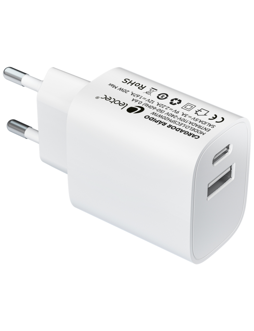 Leotec Cargador 20W 1xUSB-C PD + 1x USB-A Blanco