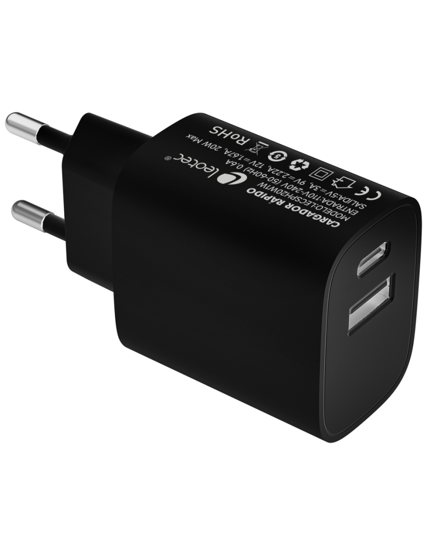 Leotec Cargador 20W 1xUSB-C PD + 1x USB-A Negro
