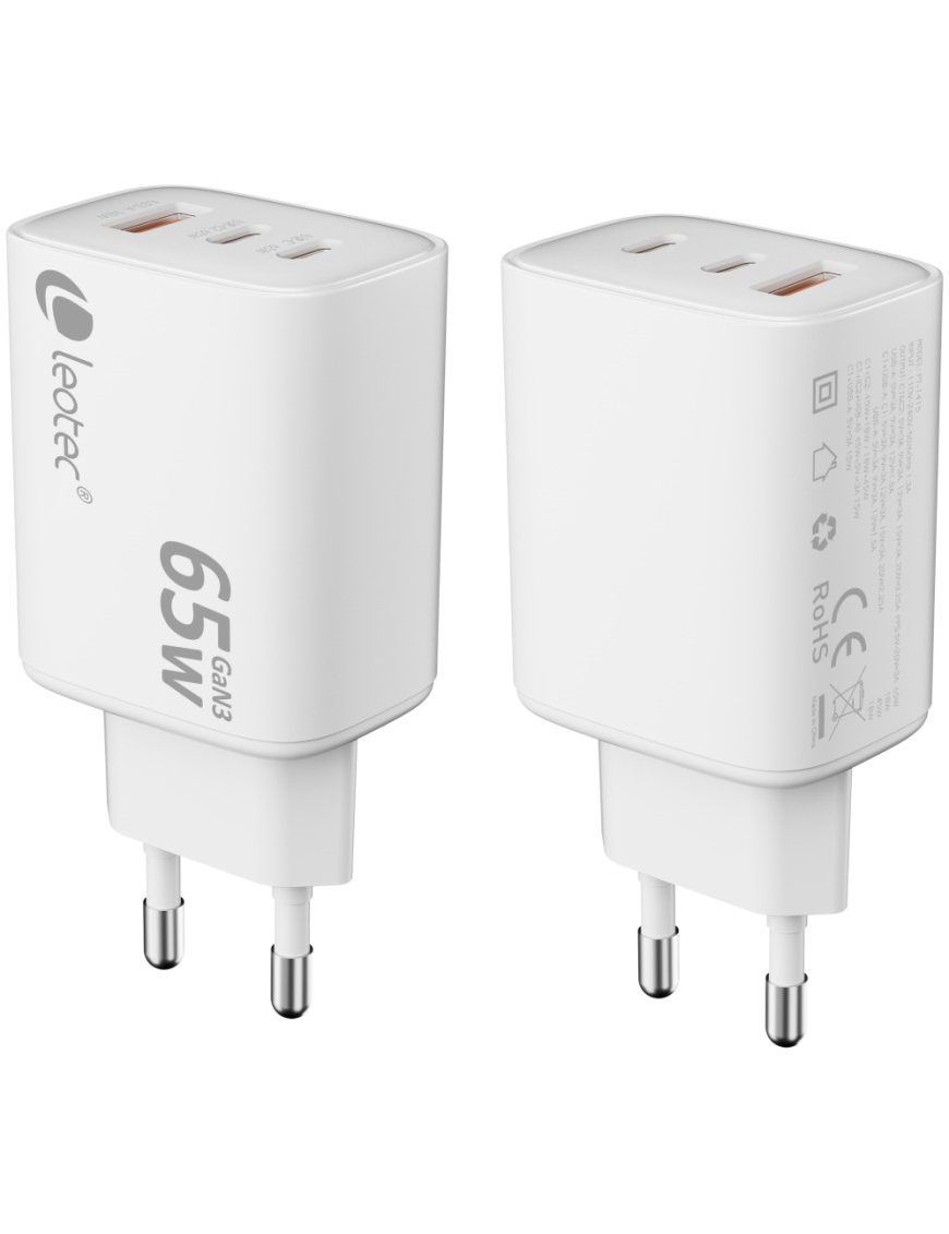 Leotec CARGADOR UNIVERSAL 65W GAN ULTRA SLIM 2 USB C PD+1 USB A BLANCO
