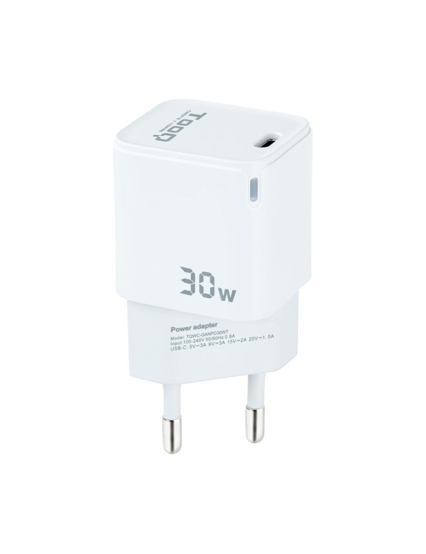 TooQ Cargador de Pared GAN USB-C/PD 30W, Blanco