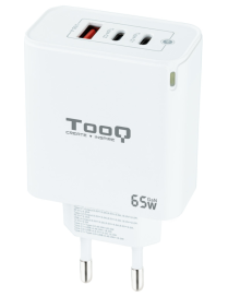 TooQ Cargador de Pared GaN 2USB-C/PD + USB-A/QC 65W, Blanco