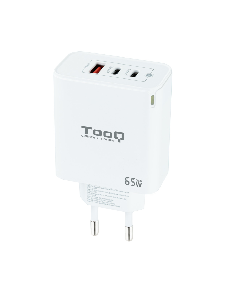 TooQ Cargador de Pared GaN 2USB-C/PD + USB-A/QC 65W, Blanco