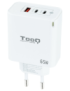 TooQ Cargador de Pared GaN 2USB-C/PD + USB-A/QC 65W, Blanco