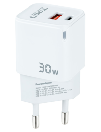 TooQ Cargador de Pared GaN USB-C/PD + USB-A/QC 30W, Blanco