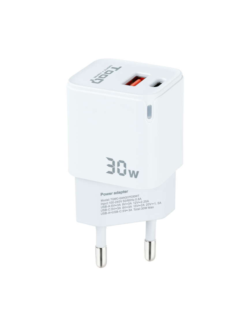 TooQ Cargador de Pared GaN USB-C/PD + USB-A/QC 30W, Blanco