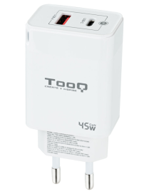 TooQ Cargador de Pared GaN USB-C/PD + USB-A/QC 45W, Blanco