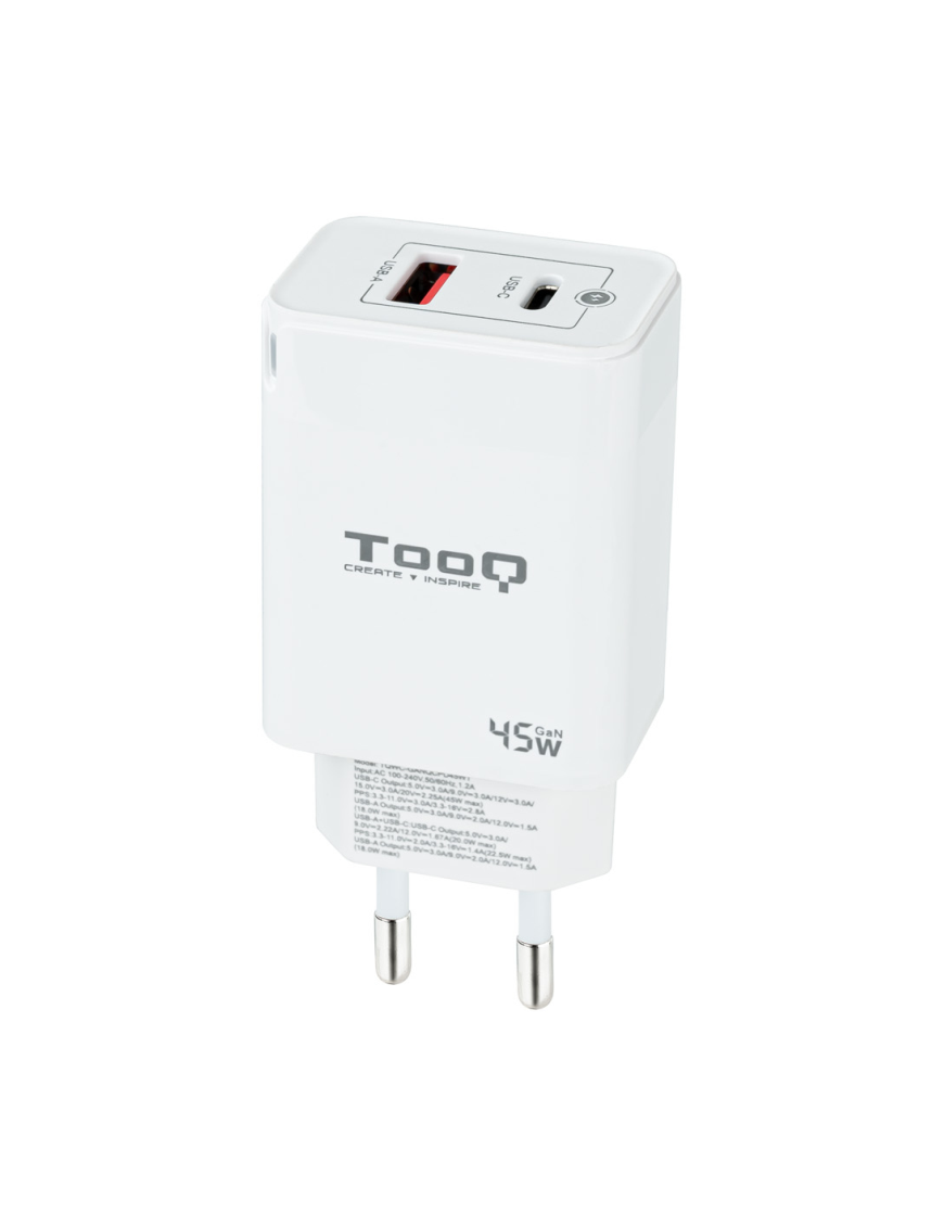 TooQ Cargador de Pared GaN USB-C/PD + USB-A/QC 45W, Blanco