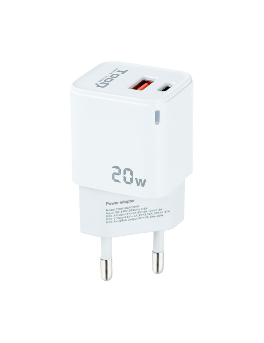 TooQ Cargador de Pared USB-C/PD + USB-A/QC 20W, Blanco