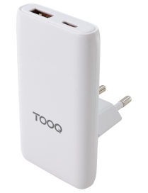 TooQ Cargador de viaje Tipo C y Tipo A, GaN 65W, USB-C/PD + USB-A/QC, Blanco