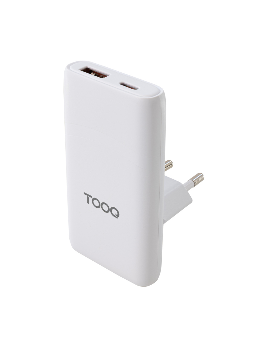 TooQ Cargador de viaje Tipo C y Tipo A, GaN 65W, USB-C/PD + USB-A/QC, Blanco