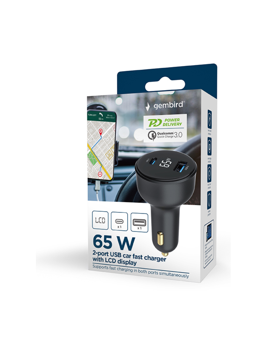 Gembird TA-UC-AC2PD65LCD-CAR-01 cargador de dispositivo móvil Universal Negro Encendedor de cigarrillos Carga rápida Auto