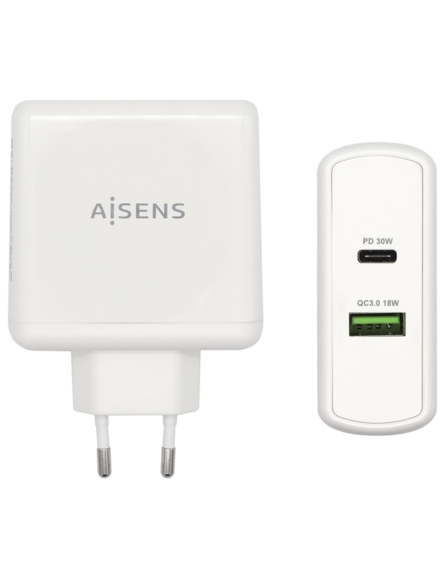 AISENS Cargador 48 W, 1x USB-C PD3.0 30 W, 1x USB-A QC3.0 18 W, Blanco