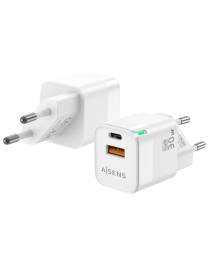 AISENS Cargador Gan 30W, 1xUSB-C PD3.0 QC4.0, 1xUSB-A QC3.0, Blanco