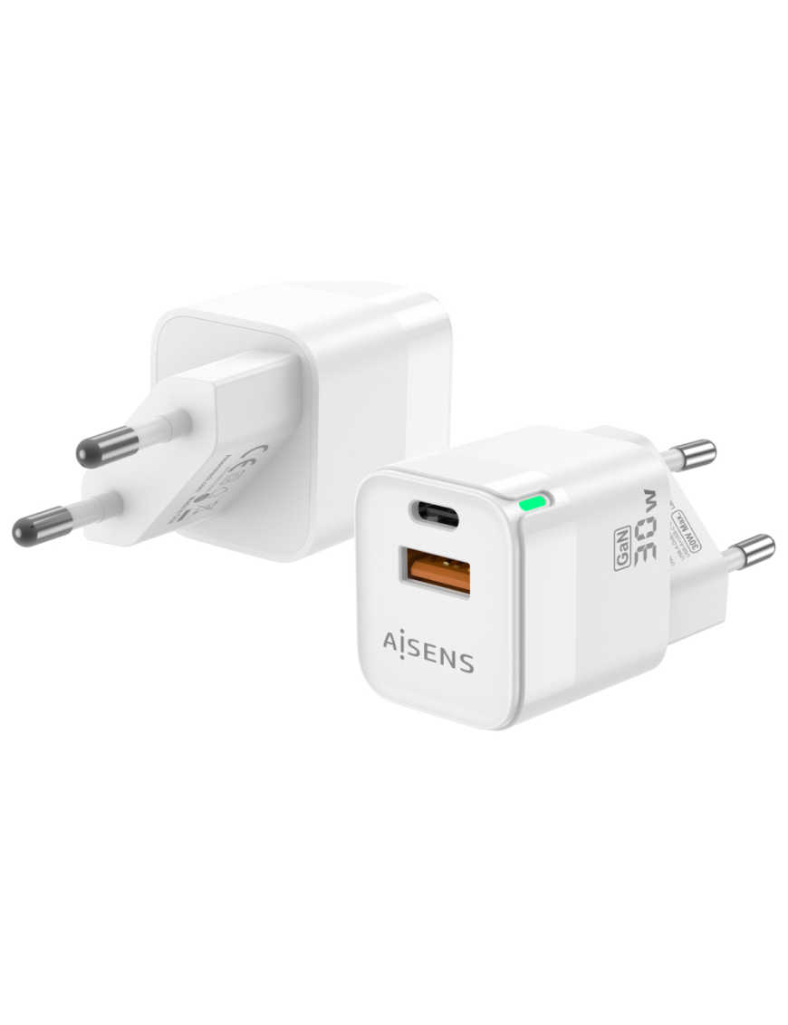 AISENS Cargador Gan 30W, 1xUSB-C PD3.0 QC4.0, 1xUSB-A QC3.0, Blanco