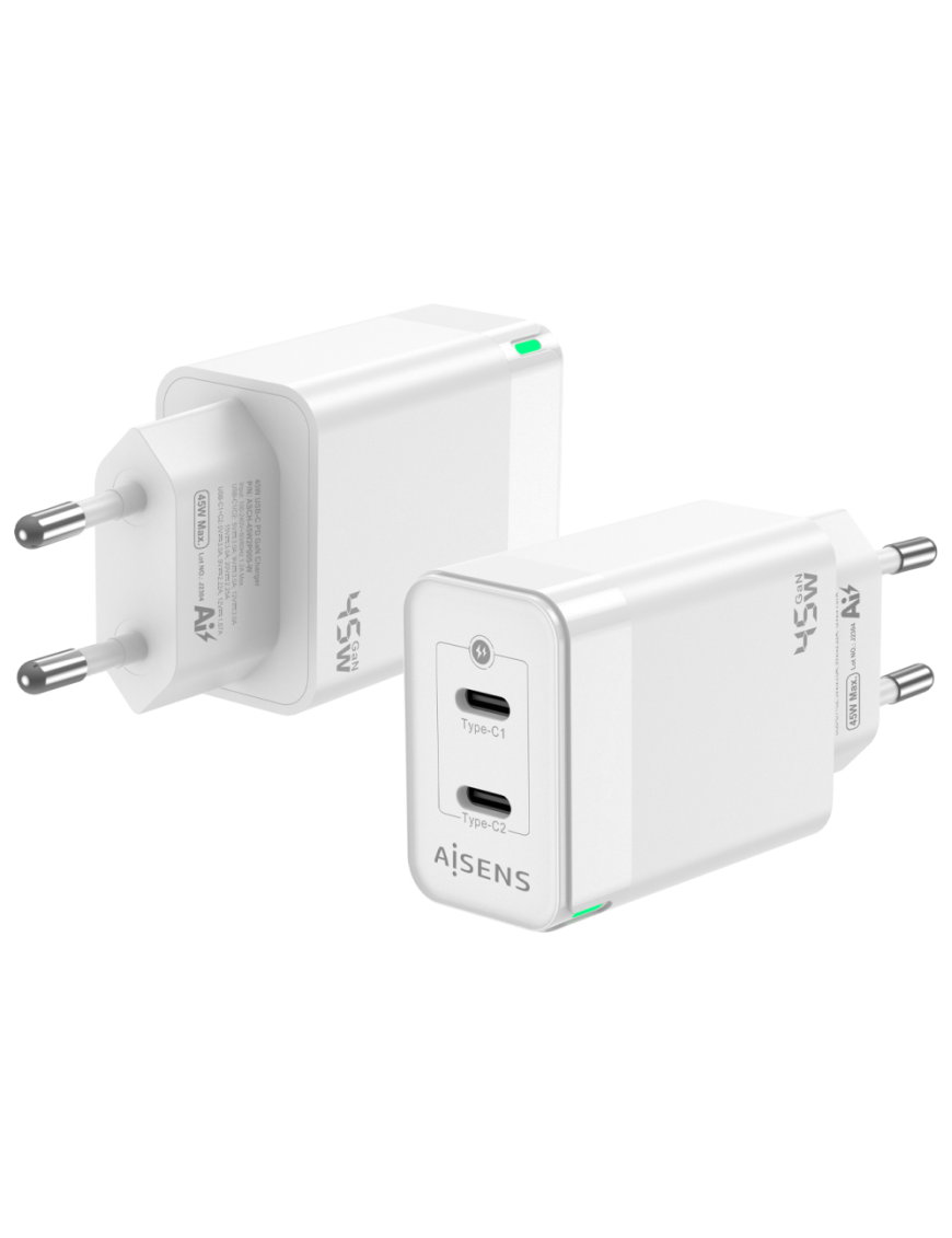 AISENS Cargador Gan 45W, 2xUSB-C PD3.0 QC4.0, Blanco