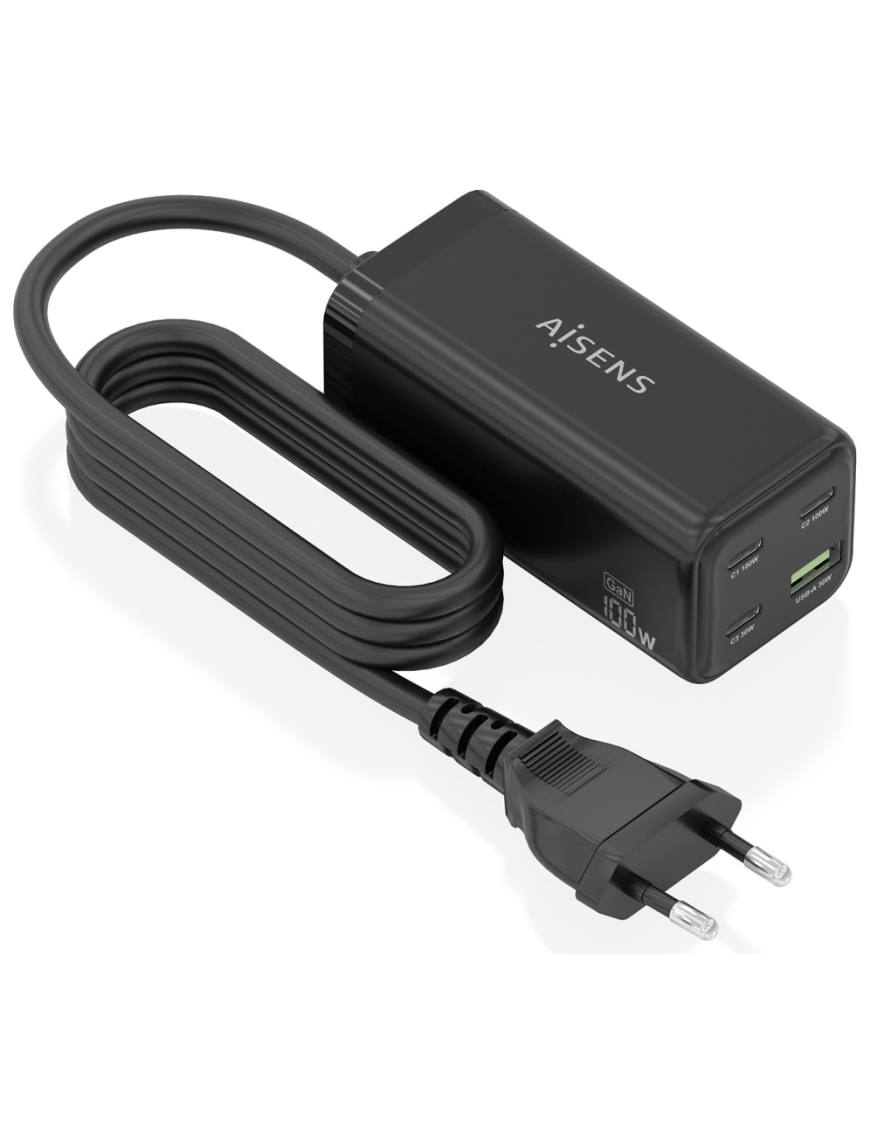 AISENS Cargador Sobremesa GaN 100W, 3x USB-C PD3.0 QC4.0 QC5.0, 1x USB-A QC3.0, Negro