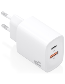 AISENS Cargador GaN 30W, 1xUSB-C PD3.0 QC4.0, 1xUSB-A QC3.0, Blanco
