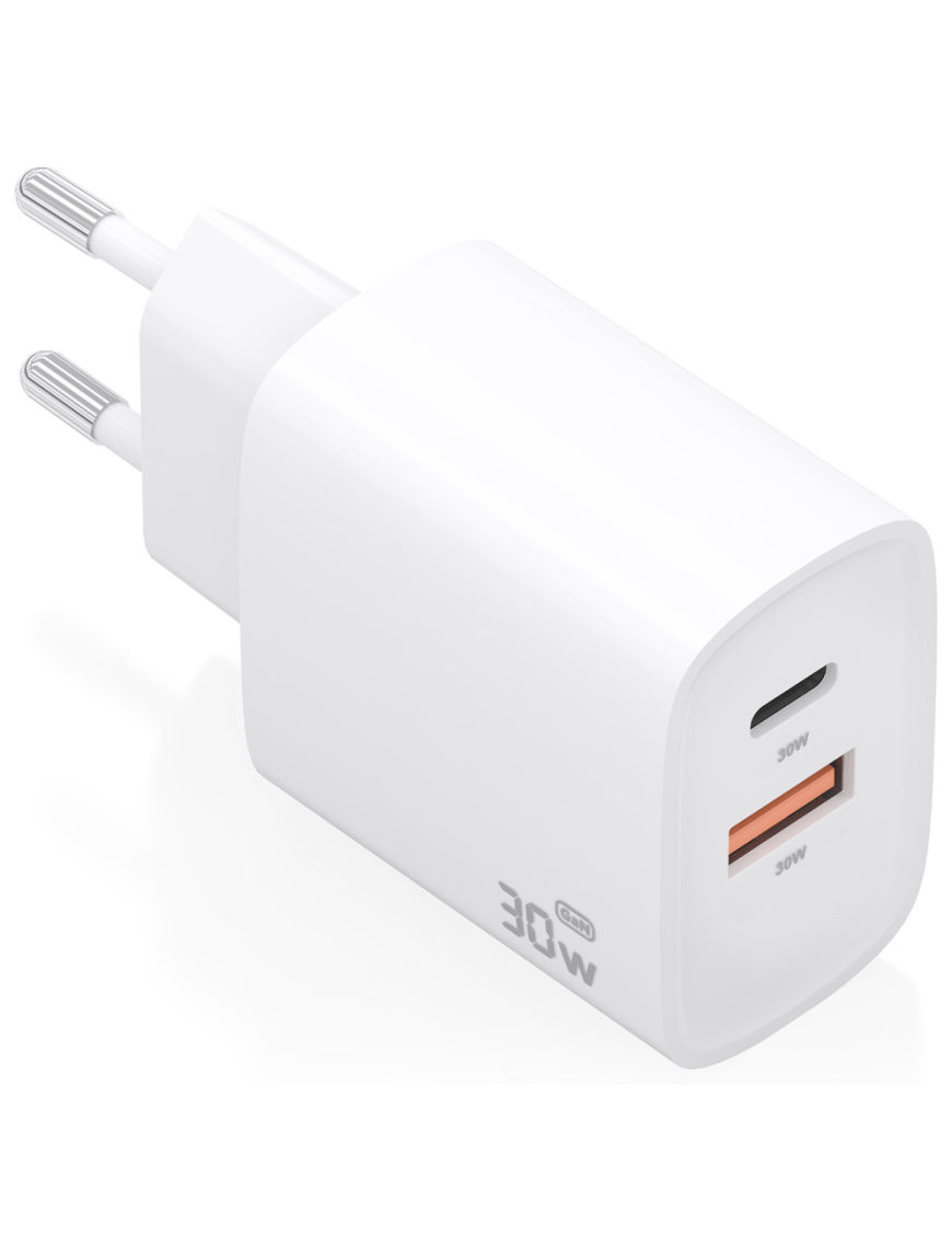 AISENS Cargador GaN 30W, 1xUSB-C PD3.0 QC4.0, 1xUSB-A QC3.0, Blanco