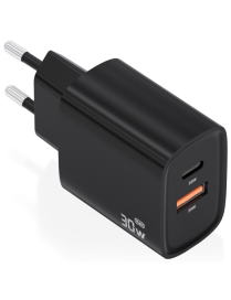 AISENS Cargador GaN 30W, 1xUSB-C PD3.0 QC4.0, 1xUSB-A QC3.0, Negro