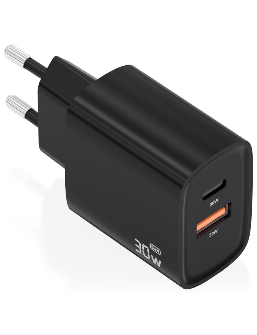 AISENS Cargador GaN 30W, 1xUSB-C PD3.0 QC4.0, 1xUSB-A QC3.0, Negro