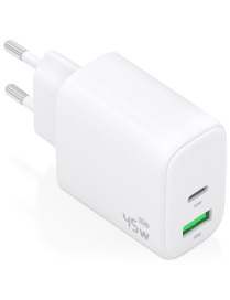 AISENS Cargador GaN 45W, 1xUSB-C PD3.0 QC4.0, 1xUSB-A QC3.0, Blanco