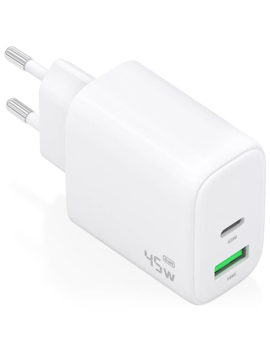 AISENS Cargador GaN 45W, 1xUSB-C PD3.0 QC4.0, 1xUSB-A QC3.0, Blanco