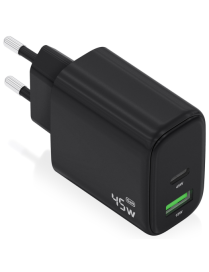 AISENS Cargador GaN 45W, 1xUSB-C PD3.0 QC4.0, 1xUSB-A QC3.0, Negro
