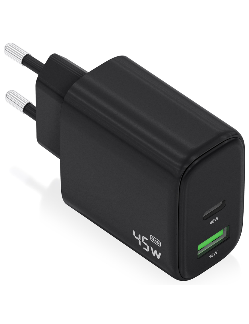 AISENS Cargador GaN 45W, 1xUSB-C PD3.0 QC4.0, 1xUSB-A QC3.0, Negro