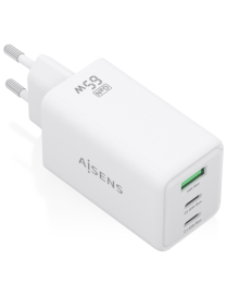 AISENS Cargador GaN 65W, 2xUSB-C PD3.0 QC4.0, 1xUSB-A QC3.0, Blanco